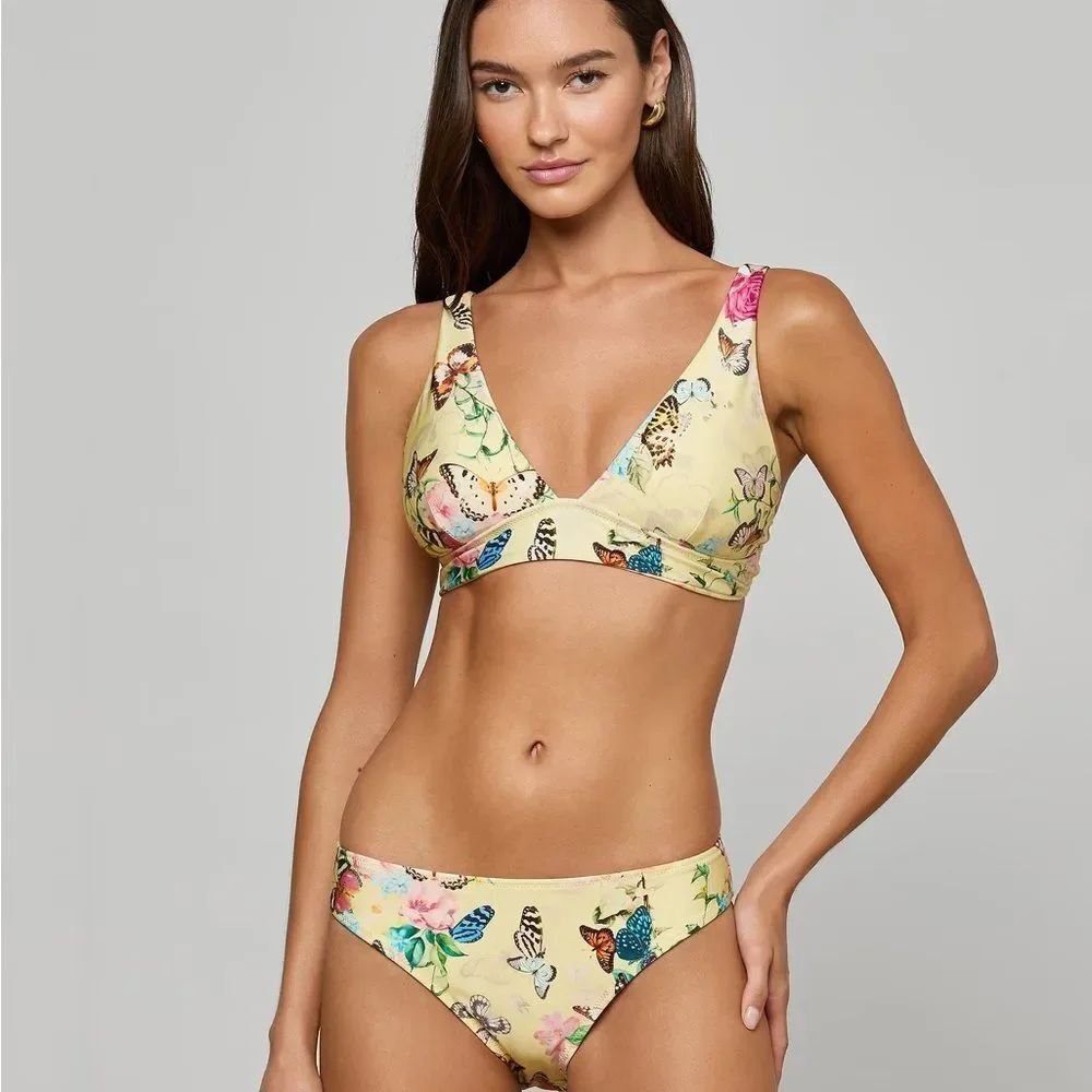 L'AGENCE Lexie Bikini Top and Nicole Bottom in Yellow Garden Butterfly NWT